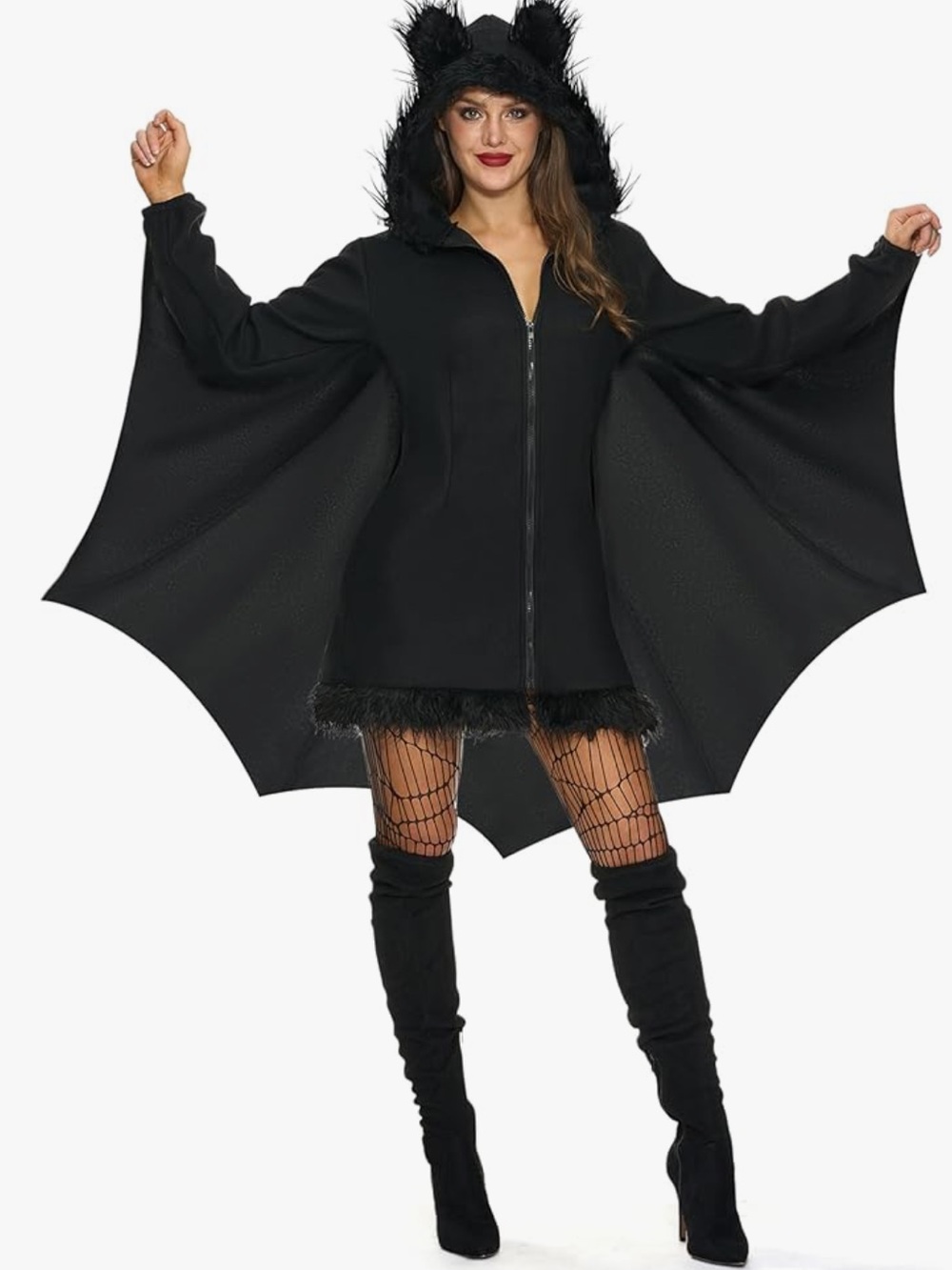 Women's Black Bat Woman Costume - Jumpsuit with Hood & Wings